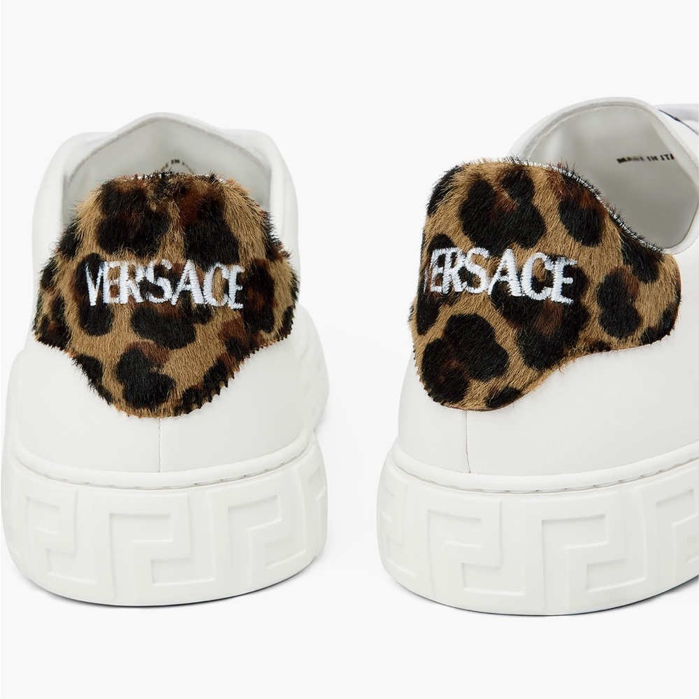 Versace Greca Calf Hair Low Top Sneakers White Leopard Heel Size 39.5 NWT - Picture 12 of 13